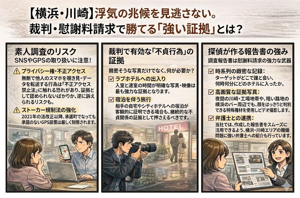 【横浜・川崎】浮気の兆候を見逃さない。裁判・慰謝料請求で勝てる「強い証拠」とは？
