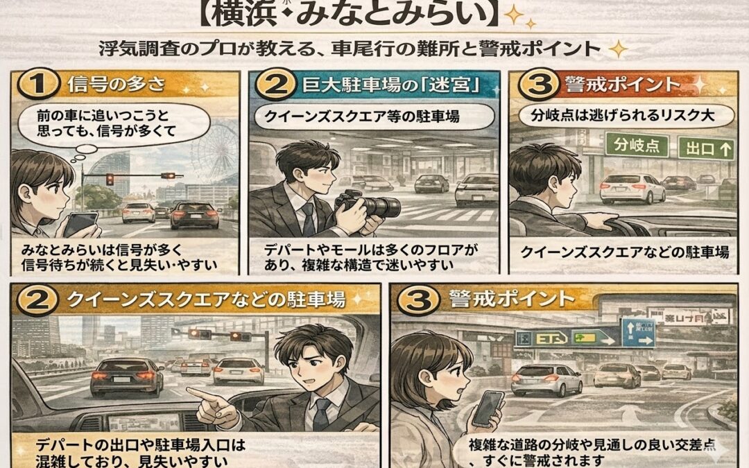 【横浜・みなとみらい】浮気調査のプロが教える、車尾行の難所と警戒ポイント
