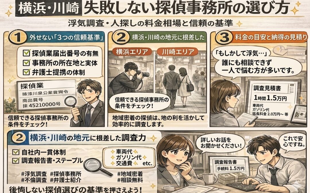 【横浜・川崎】失敗しない探偵事務所の選び方｜浮気調査・人探しの料金相場と信頼の基準